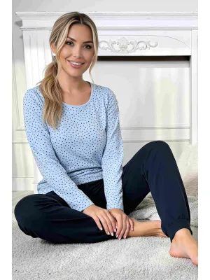Baumwollschlafanzug mit langer Hose für Damen - Star long navy blue