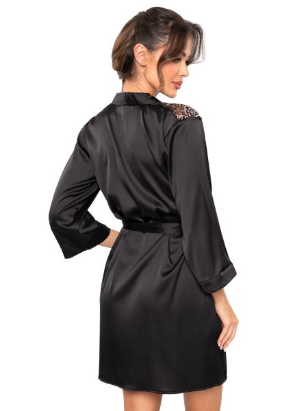 Schwarzer Morgenmantel aus Satin mit Spitze - Sabrina - 2