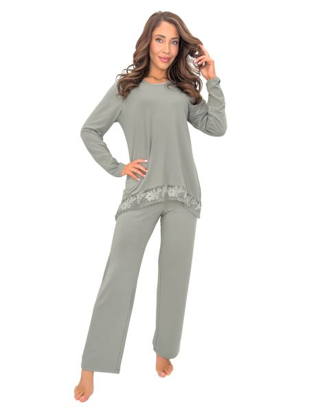 Elegante grüne Pyjamas mit Spitze – Ramona Long, olivgrün - 2