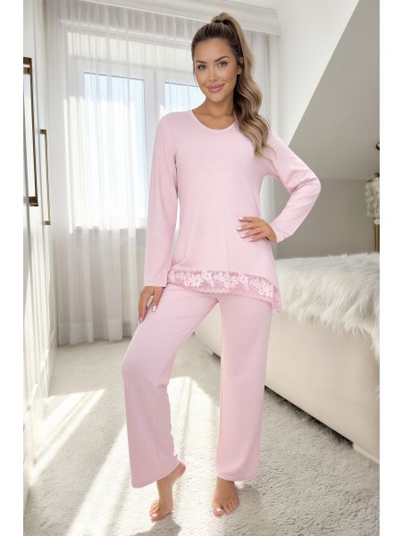 Rosa Viskose-Pyjama mit Spitze – Ramona Long, zartrosa