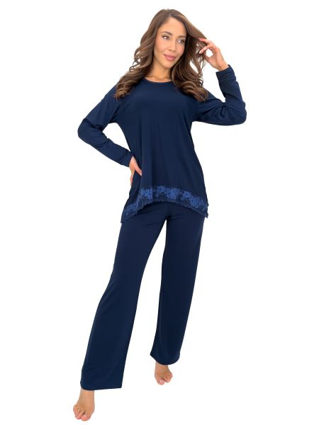Elegante, lange, marineblaue Schlafanzüge – Ramona Long, marineblau - 2