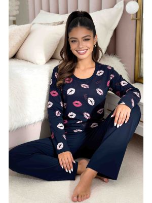 Langer, dunkelblauer Pyjama aus Baumwolle – Kiss long dunkelblau