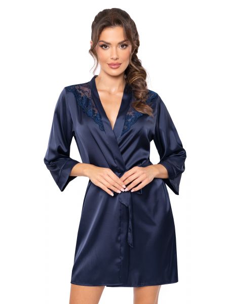 Satin-Bademantel mit Spitze – Mari, marineblau - 2