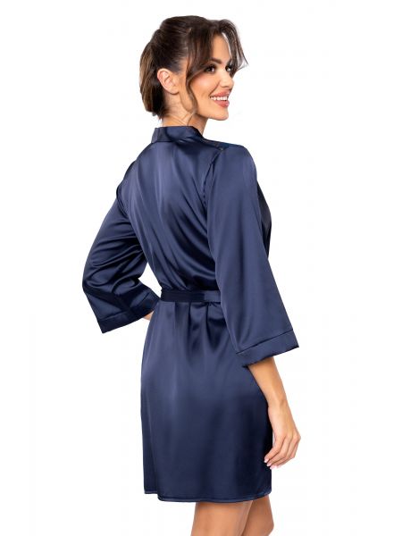 Satin-Bademantel mit Spitze – Mari, marineblau - 3
